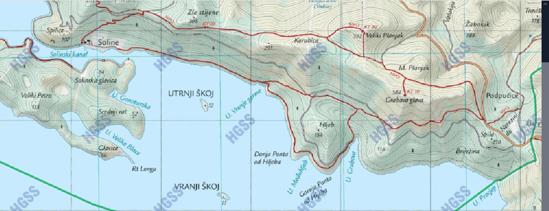 zemljevid poti prek Solin do zaliva Uvala Grabova